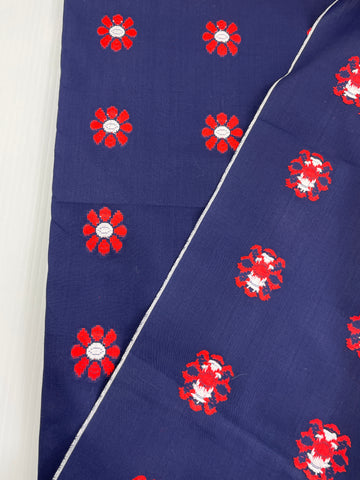 LAST 1/2m: Vintage Fabric Mod 60s 70s Woven Red Daisies on Navy Blue Cotton