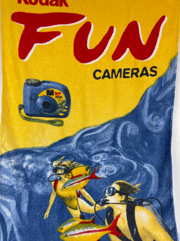 ONE ONLY: Vintage 90s Cotton Beach Towel Kodak FunSaver Sport Camera 66cm x 126cm