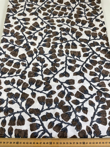 1.5m LEFT: Vintage Fabric 1960s 70s Fancy Weave Cotton w/ Brown Buds Grey Branches