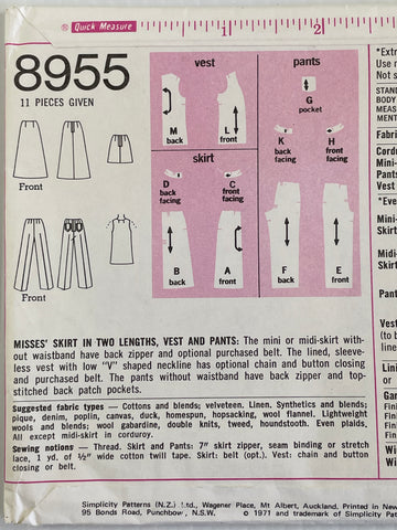 SKIRTS, VEST, PANTS: Simplicity 1971  size 12 factory folded complete *8955