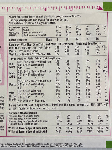 SKIRTS, VEST, PANTS: Simplicity 1971  size 12 factory folded complete *8955