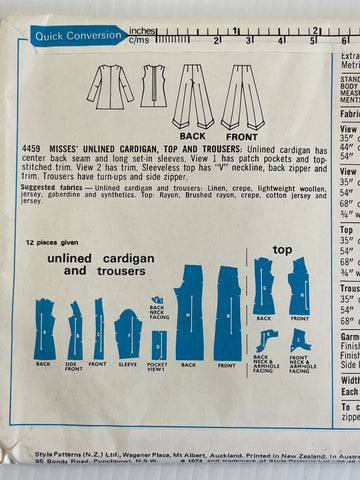 CARDIGAN, TOP, TROUSERS: Style 1974 size 12 factory folded complete *4459