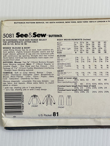 BLOUSE & SKIRT: See & Sew 1980s sizes 14-18 factory folded complete *5081