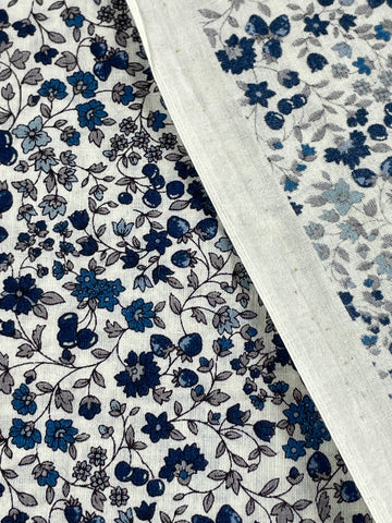 1m LEFT: Made in Japan Liberty London style Lawn w/ Small Blue Grey Flowers Leaves