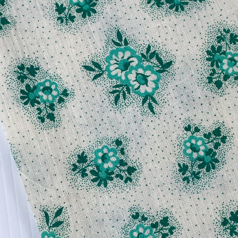 LAST 1/2m Vintage Fabric 1970s Cotton Cheesecloth w/ Art Deco Green Floral & Dots