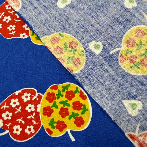 LAST 1/2m: Vintage 80s? retro flower power apples and hearts on blue base