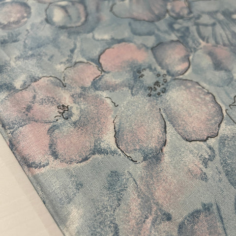 5m LEFT: Vintage Fabric 1980s Cotton Chintz Drapery w Watercolour Style Blue Flowers