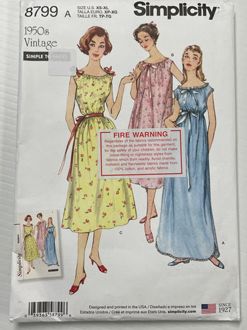1950's VINTAGE NIGHTGOWNS: Simplicity modern reprint FF 2018 size XS-XL *8799