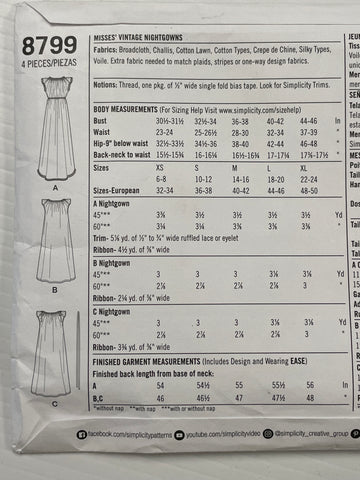 1950's VINTAGE NIGHTGOWNS: Simplicity modern reprint FF 2018 size XS-XL *8799