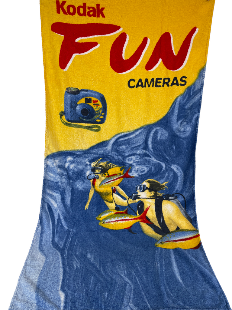 ONE ONLY: Vintage 90s Cotton Beach Towel Kodak FunSaver Sport Camera 66cm x 126cm