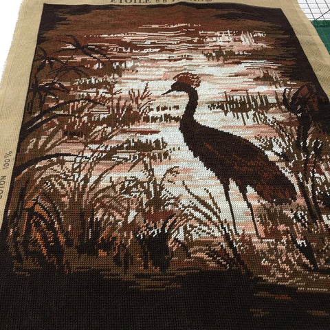 Magnificent Etoile Paris completed vintage needlework tapestry bird near lake 55cm x 69cm